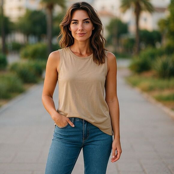 TopShop Women's Sleeveless Beige Tank Top Size L Casual Spring - Picture 1 of 6